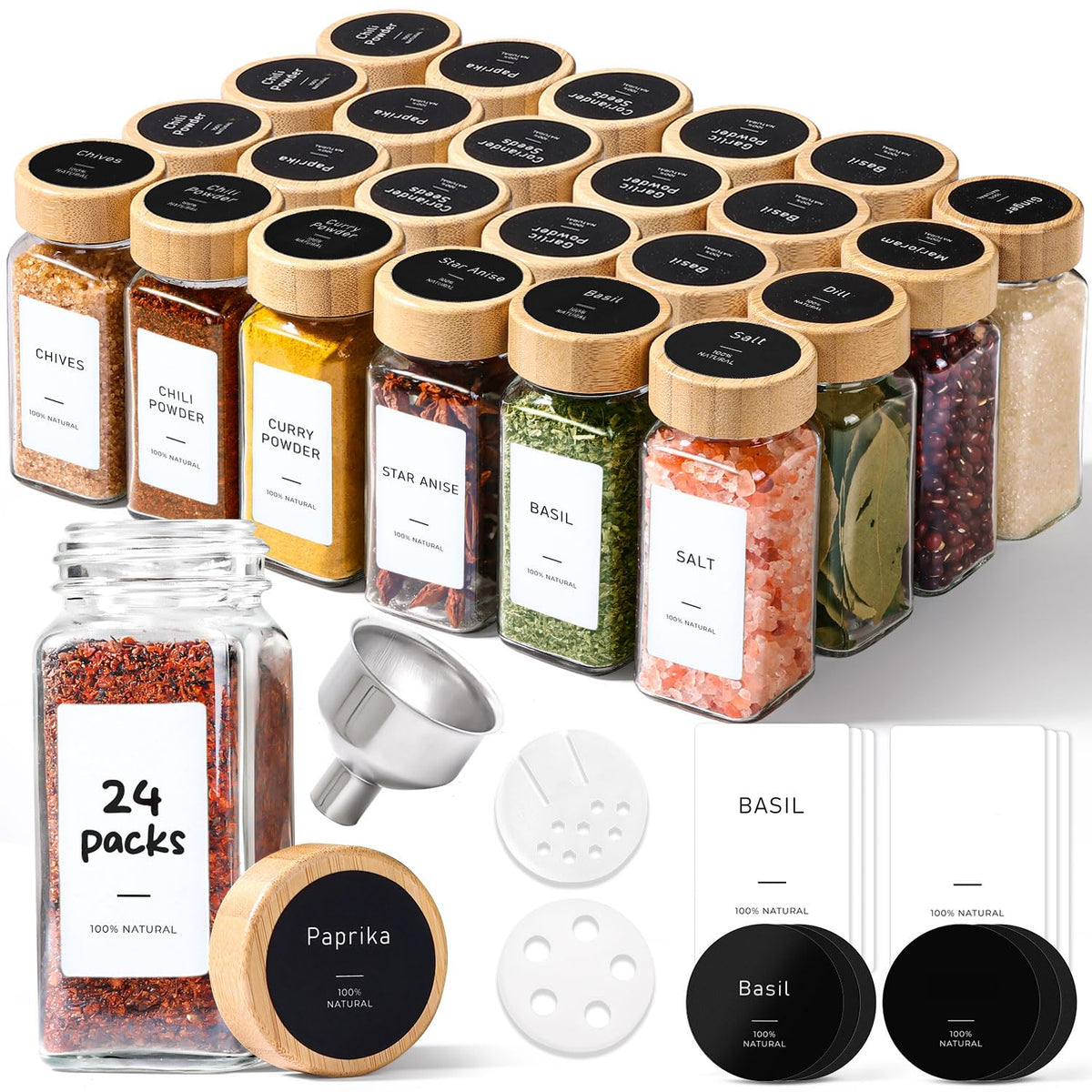 ComSaf Glass Spice Jars with with Labels 4 oz 24 Pack Bamboo Lids Bulk Set