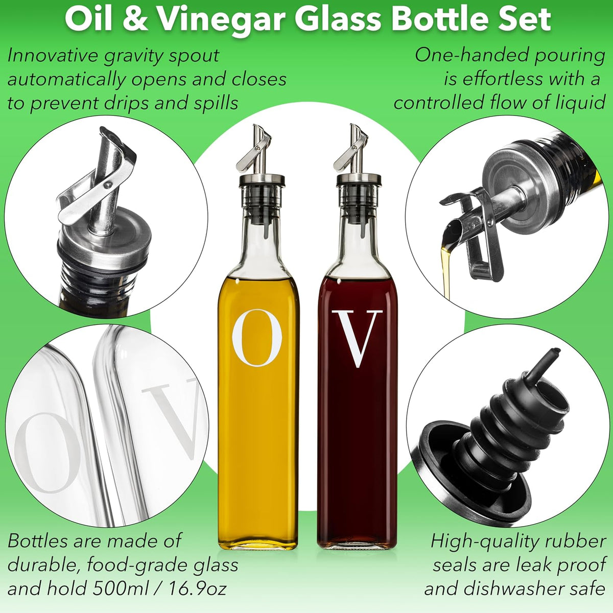 GREENOLIVE Olive Oil and Vinegar Dispenser Set - 17 oz. Glass Bottles with No-Drip BPA-Free Spouts - Stylish O and V Identifiers for Kitchen and Dining Use, Olive Oil Dispenser Bottle - Set of 2