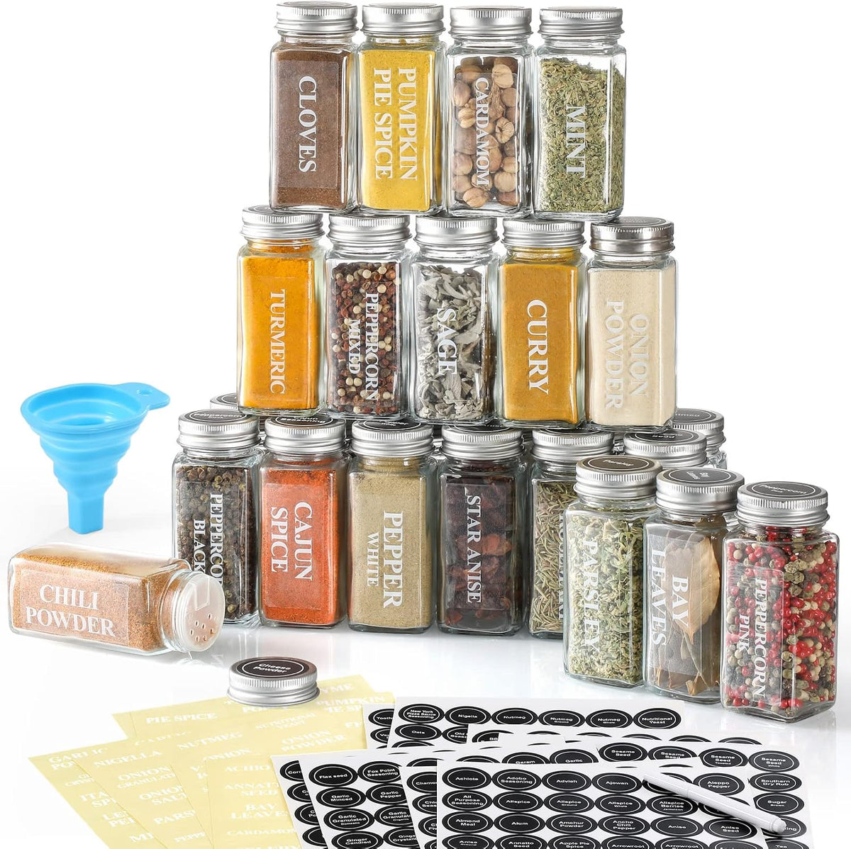 AOZITA 24 Pcs Glass Spice Jars with Labels - 4oz Empty Square Spice Bottles Containers, Condiment Pot, Shaker Lids and Airtight Metal Caps - Silicone Collapsible Funnel