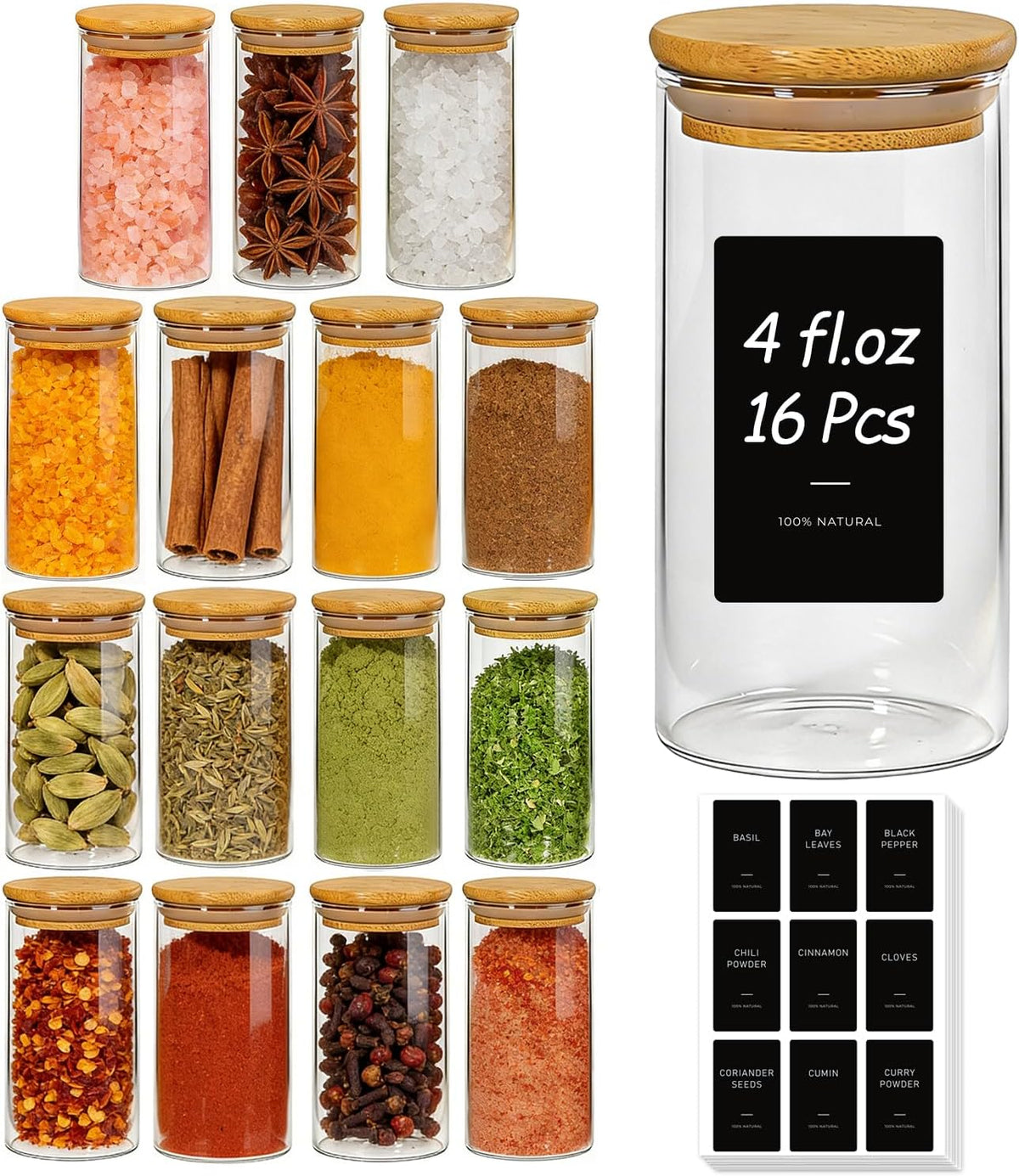 ComSaf Glass Spice Jars 4oz 16 Pack, Small Seasoning Containers with labels