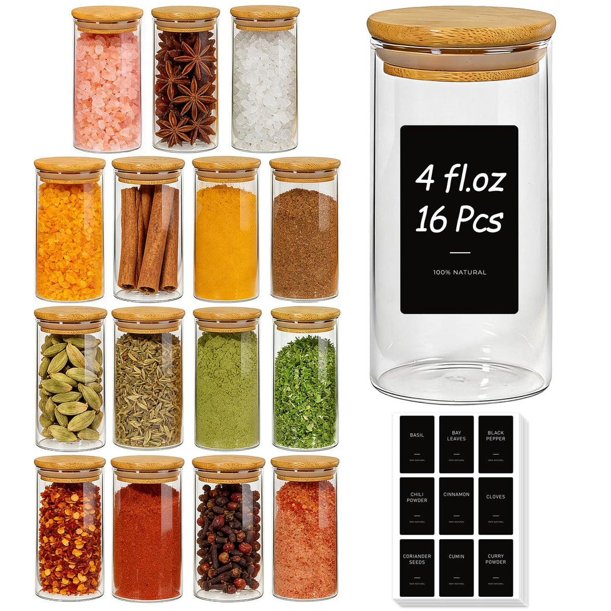 ComSaf Glass Spice Jars 4oz 16 Pack, Small Seasoning Containers with labels