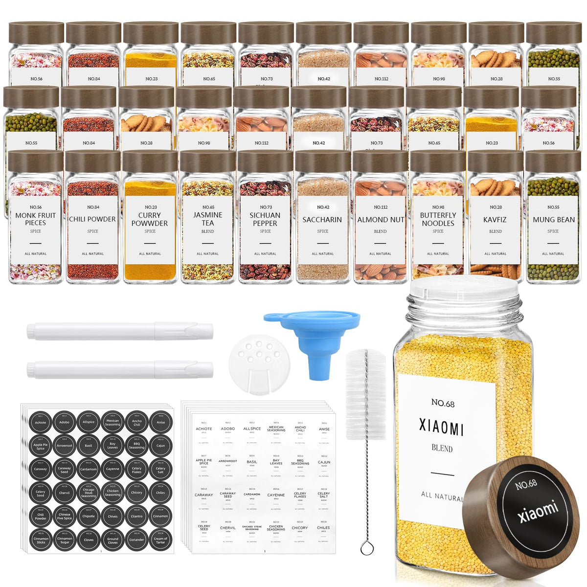 ZEHIQ 12Pcs 4oz Square Glass Spice Jars with Labels and Acacia Wood Lids