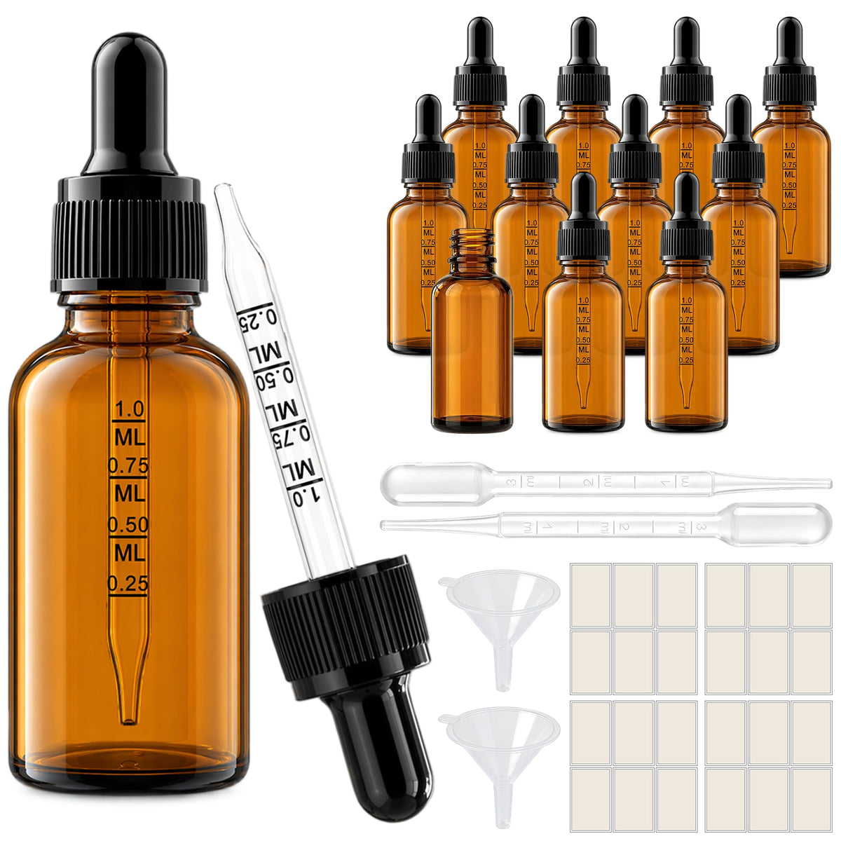 PrettyCare Glass Eye Dropper Bottles 24 Pack, 1oz (30ml) Clear Empty Thick Bottles Bulk with Leakproof Golden Caps - With Labels & Funnels for Storage, Travel, Essential Oils, Cuticle Oils, Tinctures