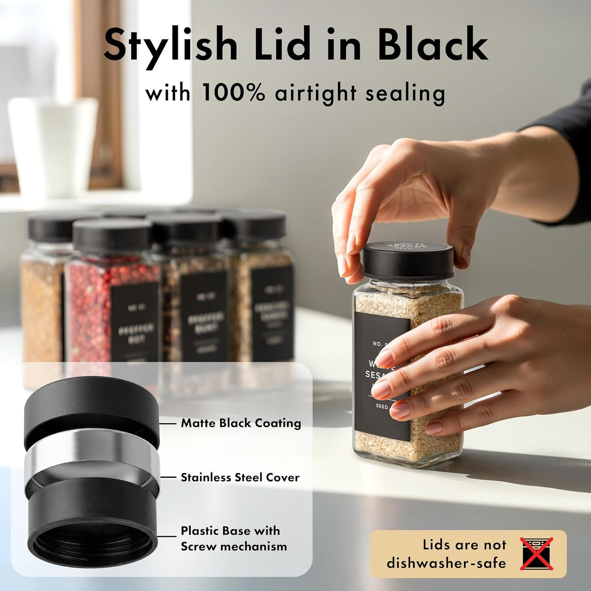 EDELHAUS Glass Spice Jars with Label, Seasoning Set, 24x Black Steel Lids