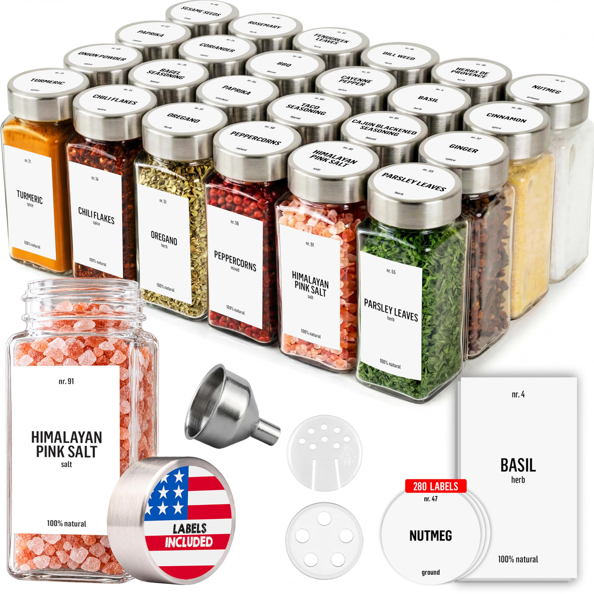 Deco haus Glass Spice Jars with Label 24x4oz - Spice Containers +280 Labels