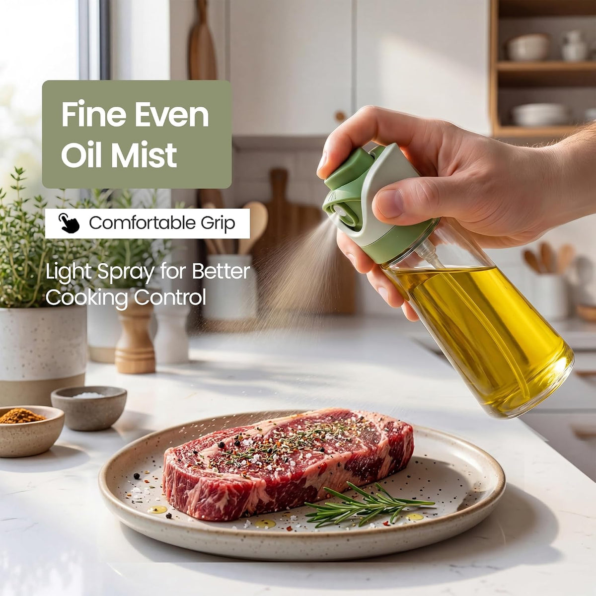 Olive Oil Dispenser for Kitchen 2-in-1 Pour and Spray | 11.5 oz / 340 ml | Glass Olive Oil Sprayer for Cooking, Airfryer, Salad & BBQ | Set of 2 Bottles, Green