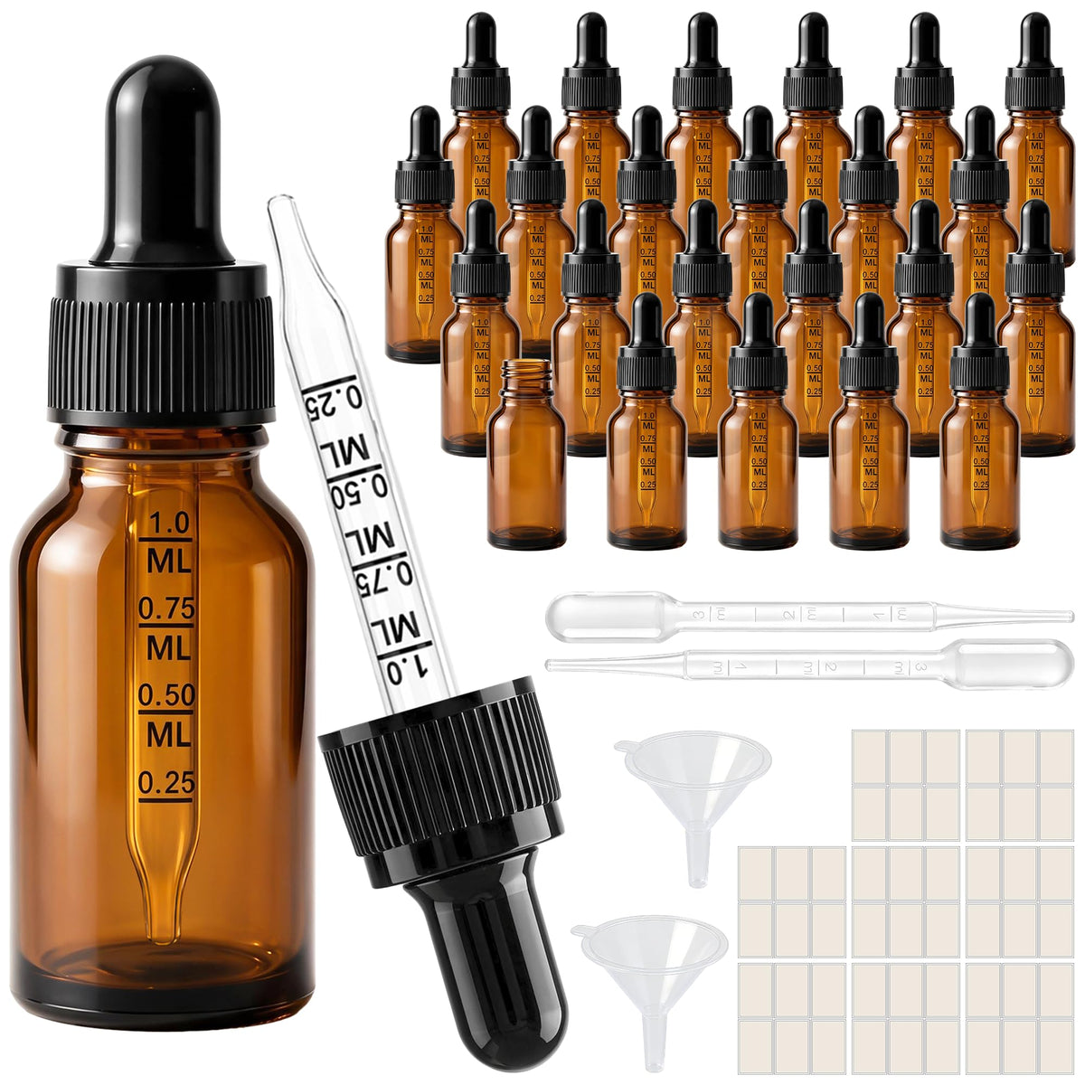 PrettyCare Glass Eye Dropper Bottles 24 Pack, 1oz (30ml) Clear Empty Thick Bottles Bulk with Leakproof Golden Caps - With Labels & Funnels for Storage, Travel, Essential Oils, Cuticle Oils, Tinctures