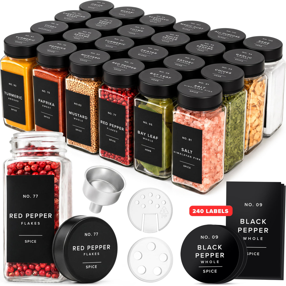 EDELHAUS Glass Spice Jars with Label, 24x Stainless Steel Lids