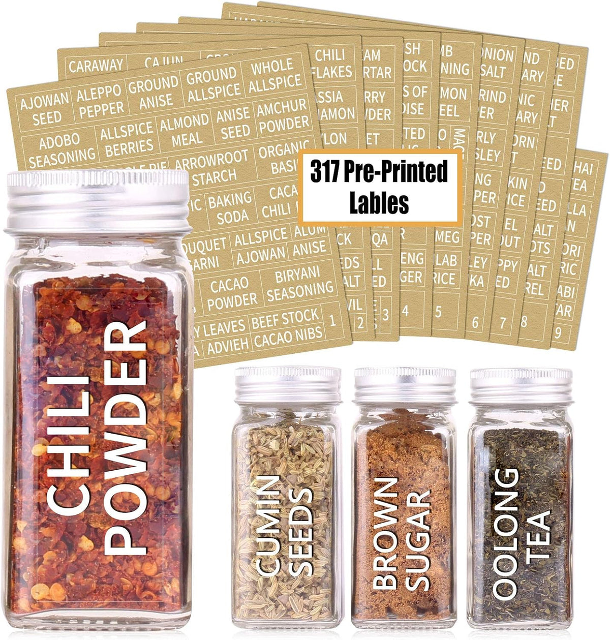 SWOMMOLY 36 Pcs 4 oz Glass Spice Jars with Shaker Lids and 703 Spice Labels