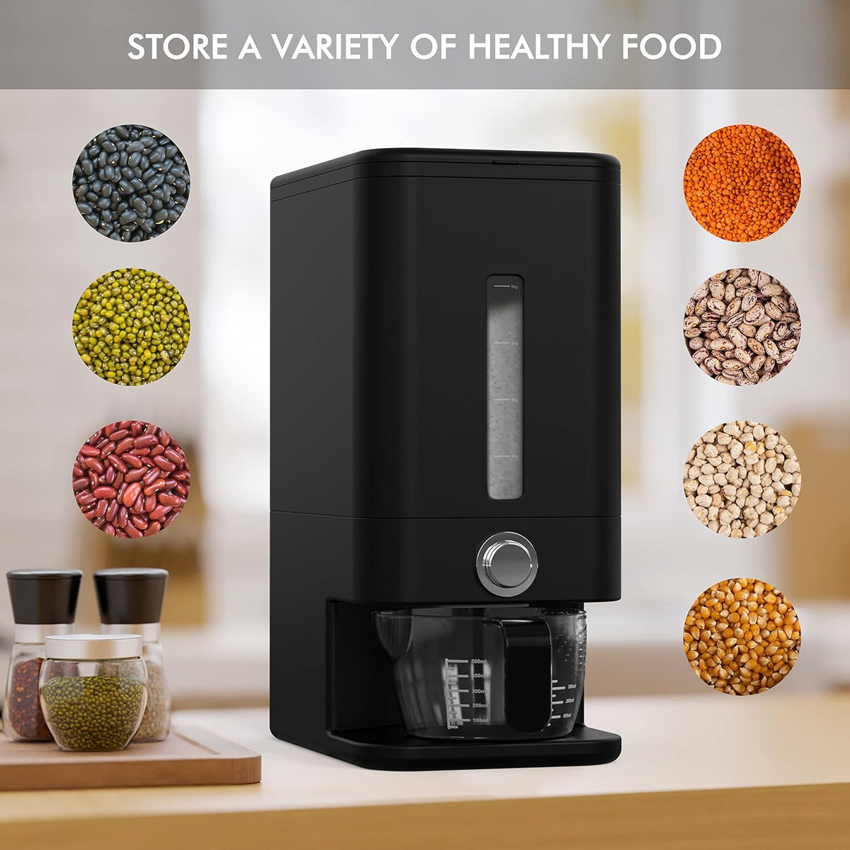 25lb Rice Dispenser - Air Tight Grain & Rice Container With Smart Quantity Dispense, Measuring Cup - NEW Black Design Grain Storage Container.
