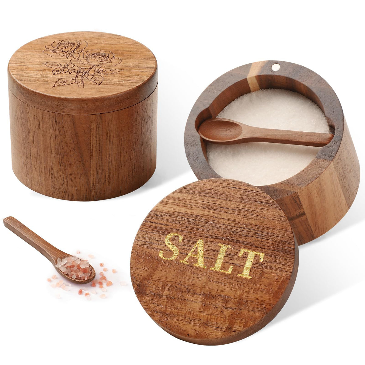 Timtopno Salt Cellar, Acacia Wood Salt Container with Built-in Spoon & Swivel Lid, Engraved SALT Box, Salt Holder Bowl for Countertop Seasoning Storage