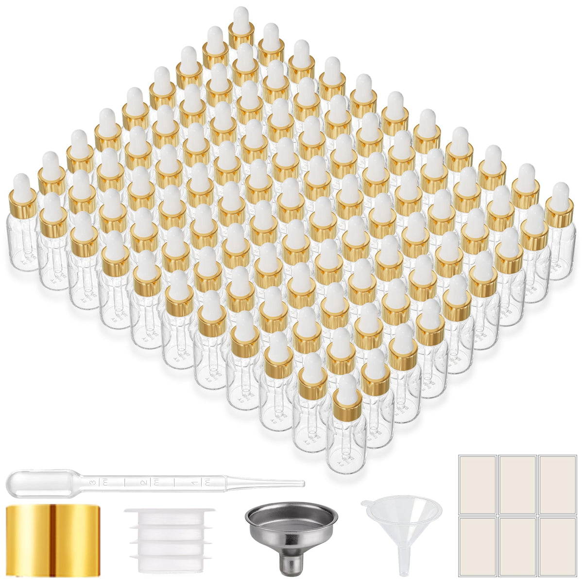 PrettyCare Glass Eye Dropper Bottles 24 Pack, 1oz (30ml) Clear Empty Thick Bottles Bulk with Leakproof Golden Caps - With Labels & Funnels for Storage, Travel, Essential Oils, Cuticle Oils, Tinctures