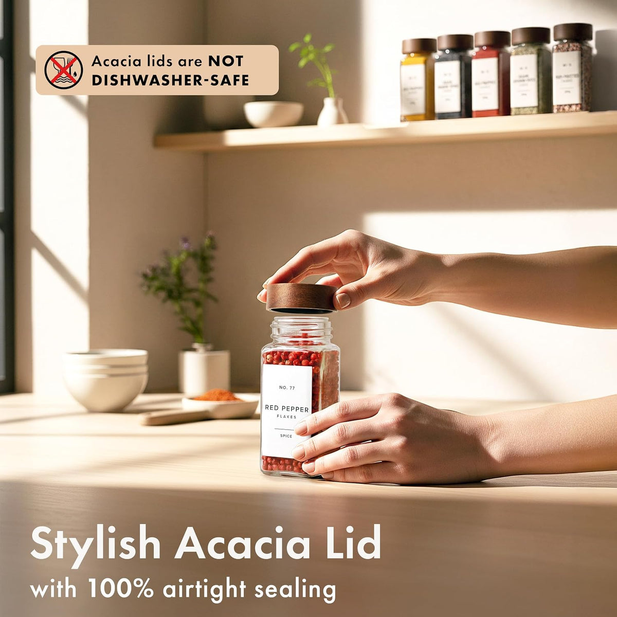 EDELHAUS Glass Spice Jars with Label, 24x Acacia Wooden Lids - White Labels