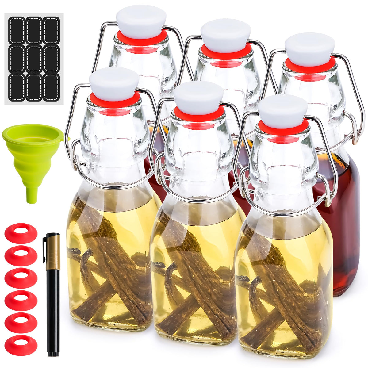 Vanilla Extract Bottles [8.5 oz, 6-Pack] – Flip Top Swing Top Glass Bottles for Homemade Extracts, Kombucha, Coquito, Juice – Airtight Leak-Proof Caps with Funnel, Extra Gaskets, Labels & Marker