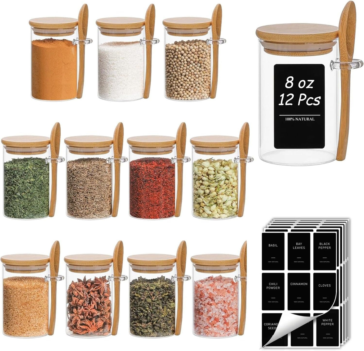 ComSaf Spice Jars with Spoons 8 oz 12 Pack, Seasoning Container with Labels