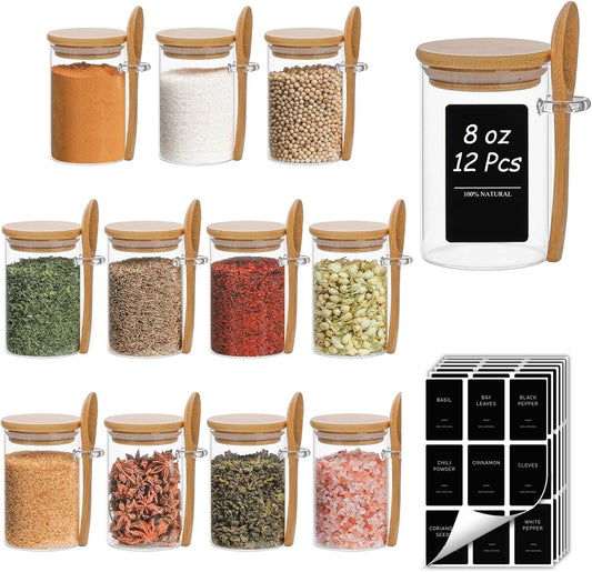 ComSaf Spice Jars with Spoons 8 oz 12 Pack, Seasoning Container with Labels