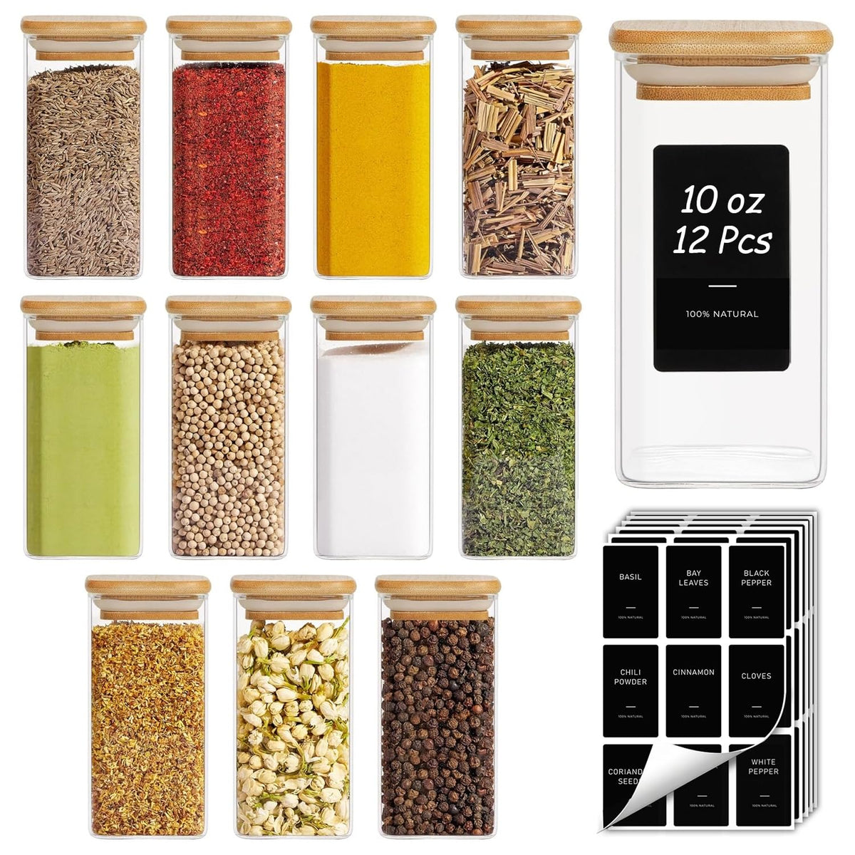 ComSaf Square Glass Spice Jars with Labels 8 oz 16 Pack with Bamboo Lids