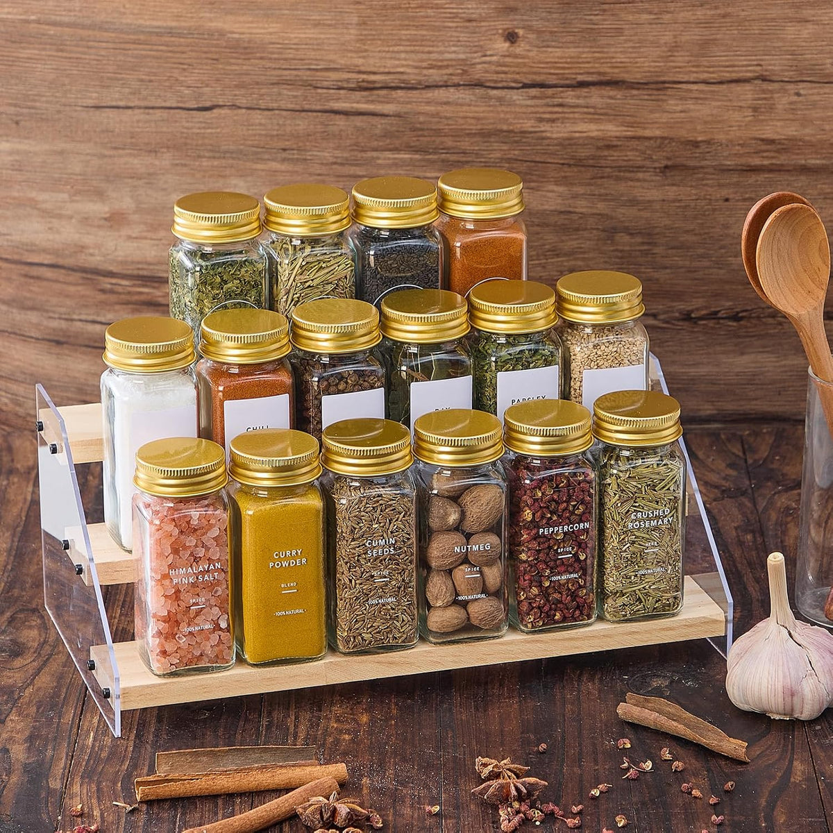 24 Pcs Glass Spice Jars with Labels, Seasoning Bottles with Gold Metal Caps