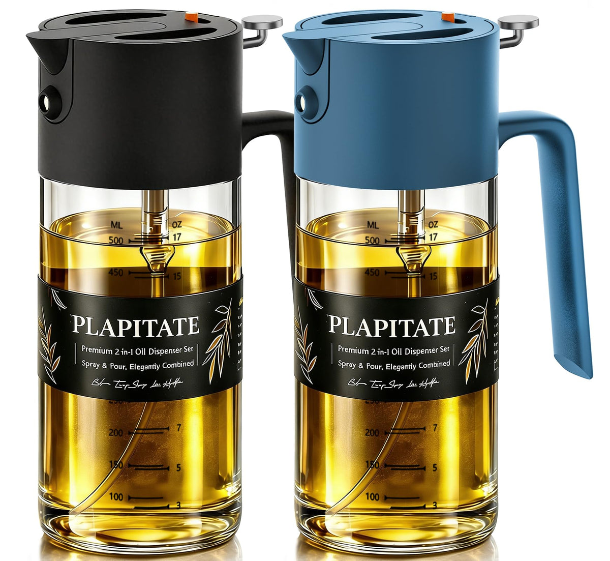 PLAPITATE 17oz/500ml Premium Olive Oil Sprayer for Cooking, 2 in 1 Glass Olive Oil Dispenser Bottle for Kitchen Gadgets, Spray Bottle with Portion Control for Salad, Frying, BBQ (Black)