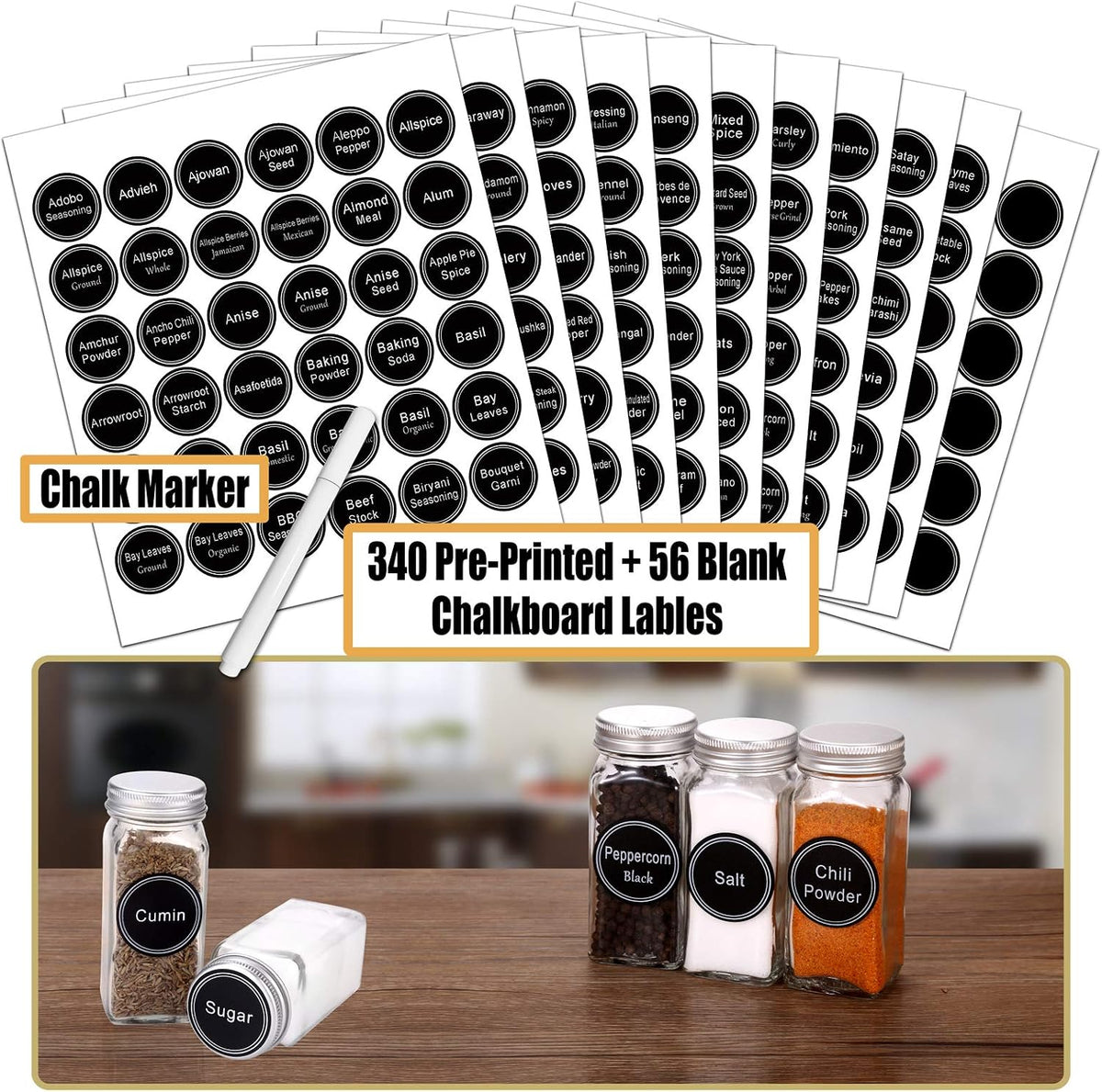 SWOMMOLY 36 Pcs 4 oz Glass Spice Jars with Shaker Lids and 703 Spice Labels