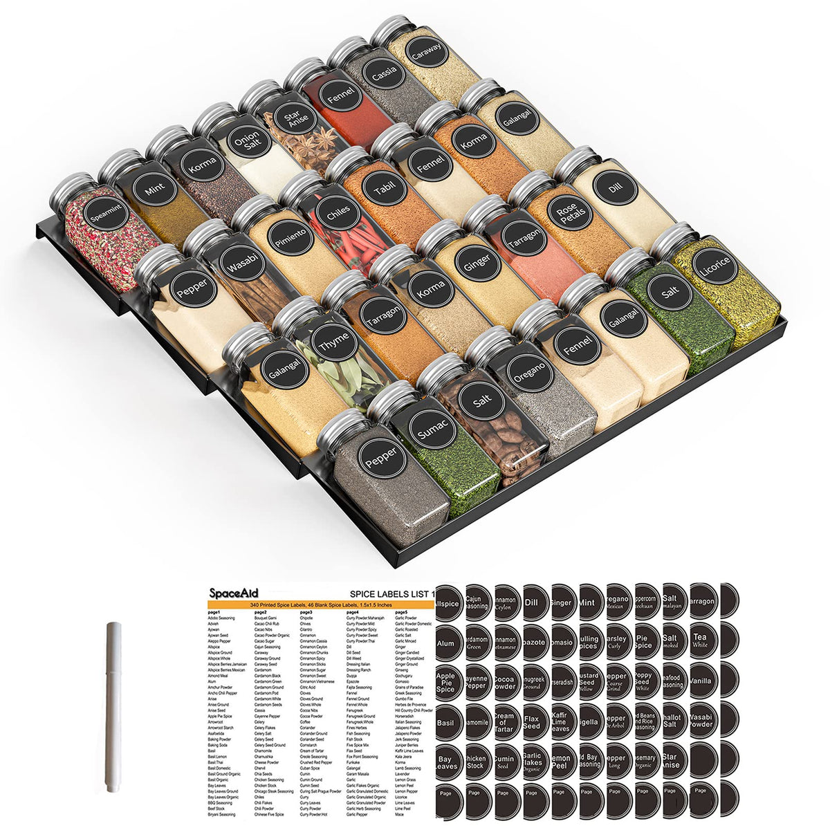 SpaceAid Spice Drawer Organizer with 28 Spice Jars, 386 Spice Labels, 4 Tier Seasoning Rack Tray Insert for Kitchen Drawers, 13" Wide x 17.5" Deep
