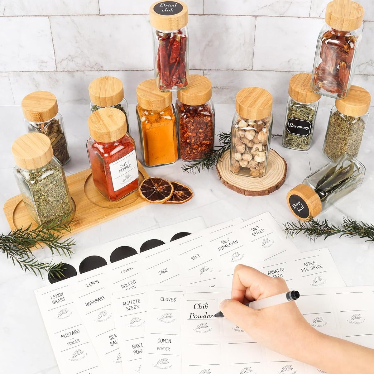 16 Pack 6 oz Glass Spice Jars with Bamboo Lids and Spice Labels