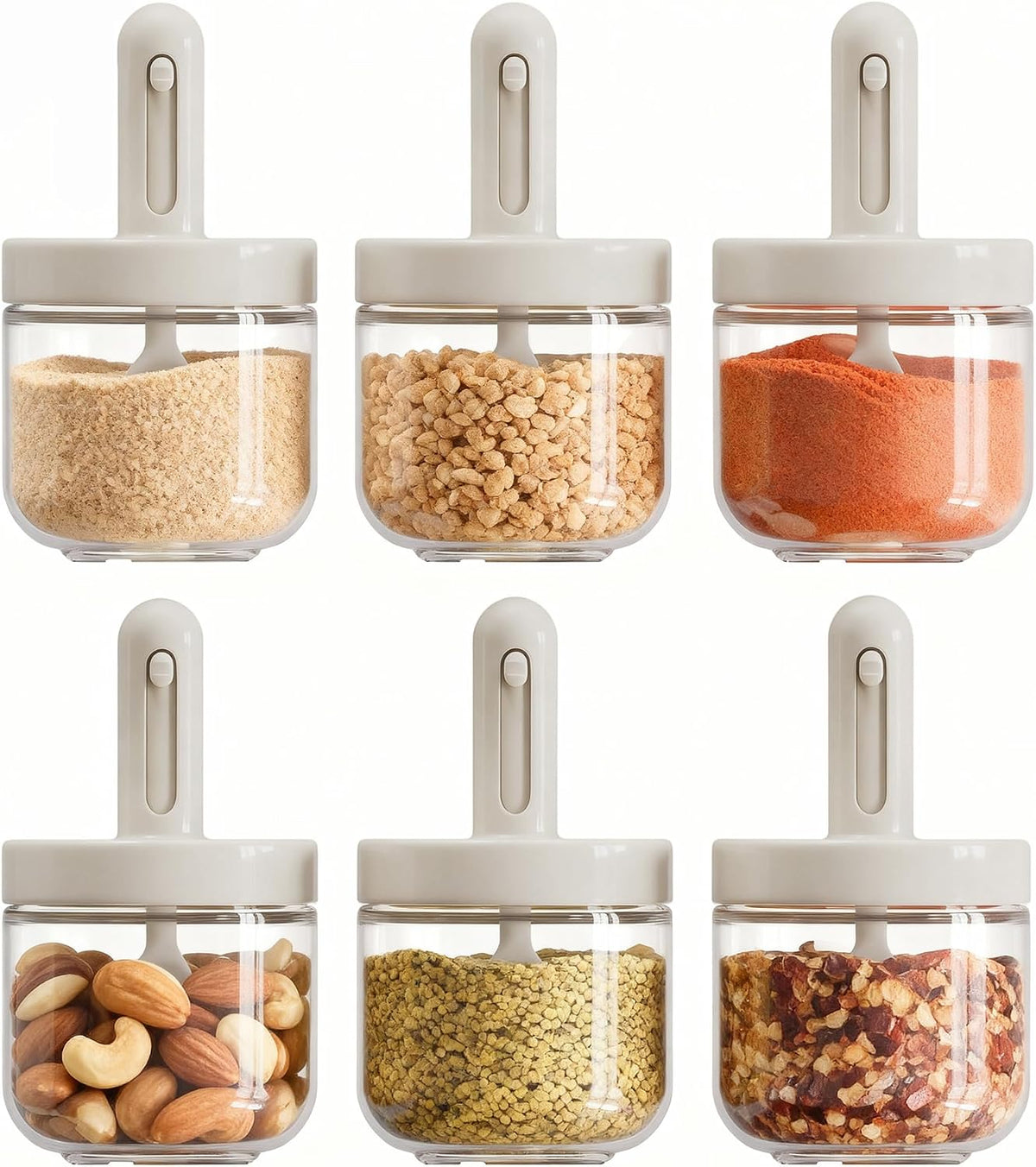 ShanSon 6-Piece Glass Spice Jars with Adjustable Spoon, 10.16oz /300ml Seasoning Containers with Airtight Lids, Moisture-Proof Condiment Pots, Spice Organizer for Kitchen Countertop & Pantry Storage