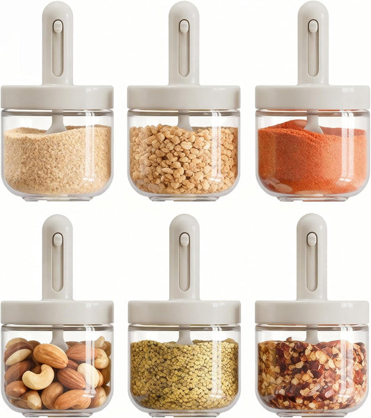 ShanSon 6-Piece Glass Spice Jars with Adjustable Spoon, 10.16oz /300ml Seasoning Containers with Airtight Lids, Moisture-Proof Condiment Pots, Spice Organizer for Kitchen Countertop & Pantry Storage