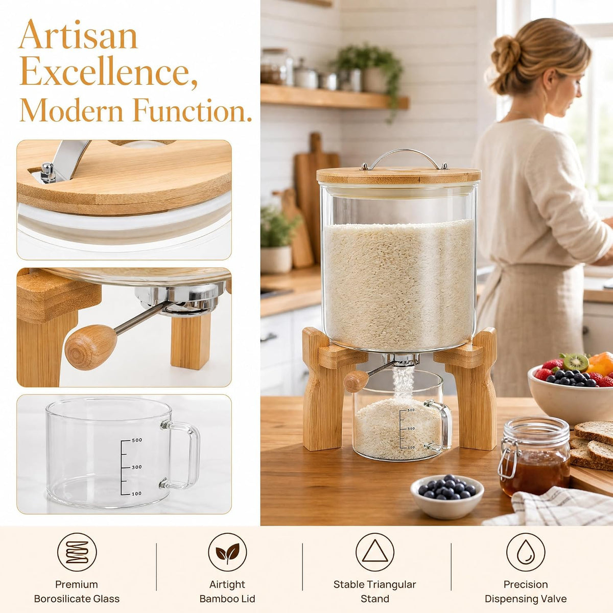 Goaste Glass Rice Dispenser with Bamboo Stand, 5L Flour Cereal Container with Airtight Lid, 8 Lbs Large Grain Food Storage Bucket, Countertop Beans Storage Tank with Measuring Cup & Valve for Dry Food