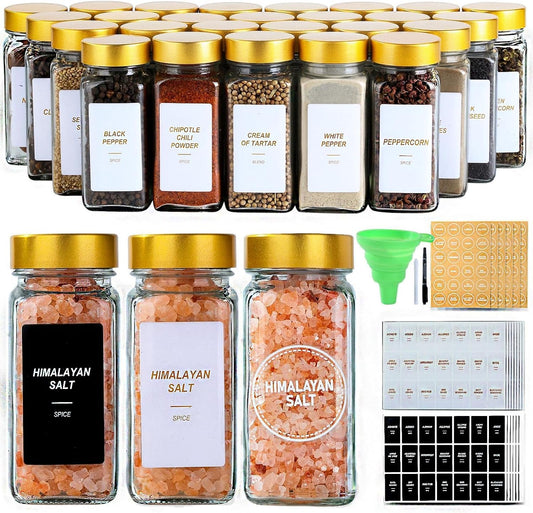 24 Gold Spice Jars with Labels, 4oz Seasoning Jars for Cabinets, Drawers