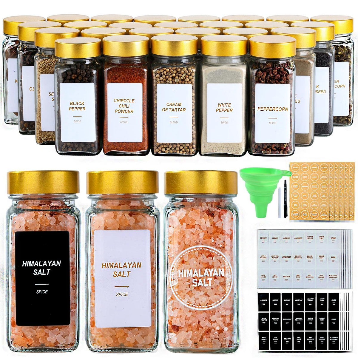 24 Gold Spice Jars with Labels, 4oz Seasoning Jars for Cabinets, Drawers
