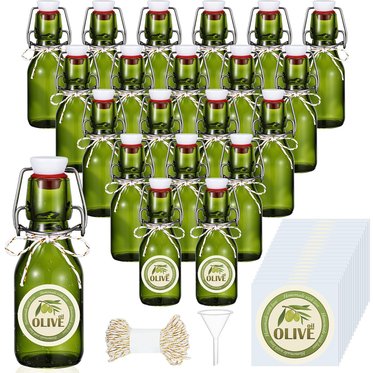 Queekay 20 Pack Mini Swing Top Glass Bottles with Labels