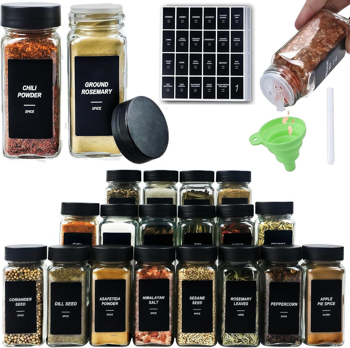 24 Spice Jars with Labels, 4oz Seasoning Jars for Cabinets, Drawers, Racks