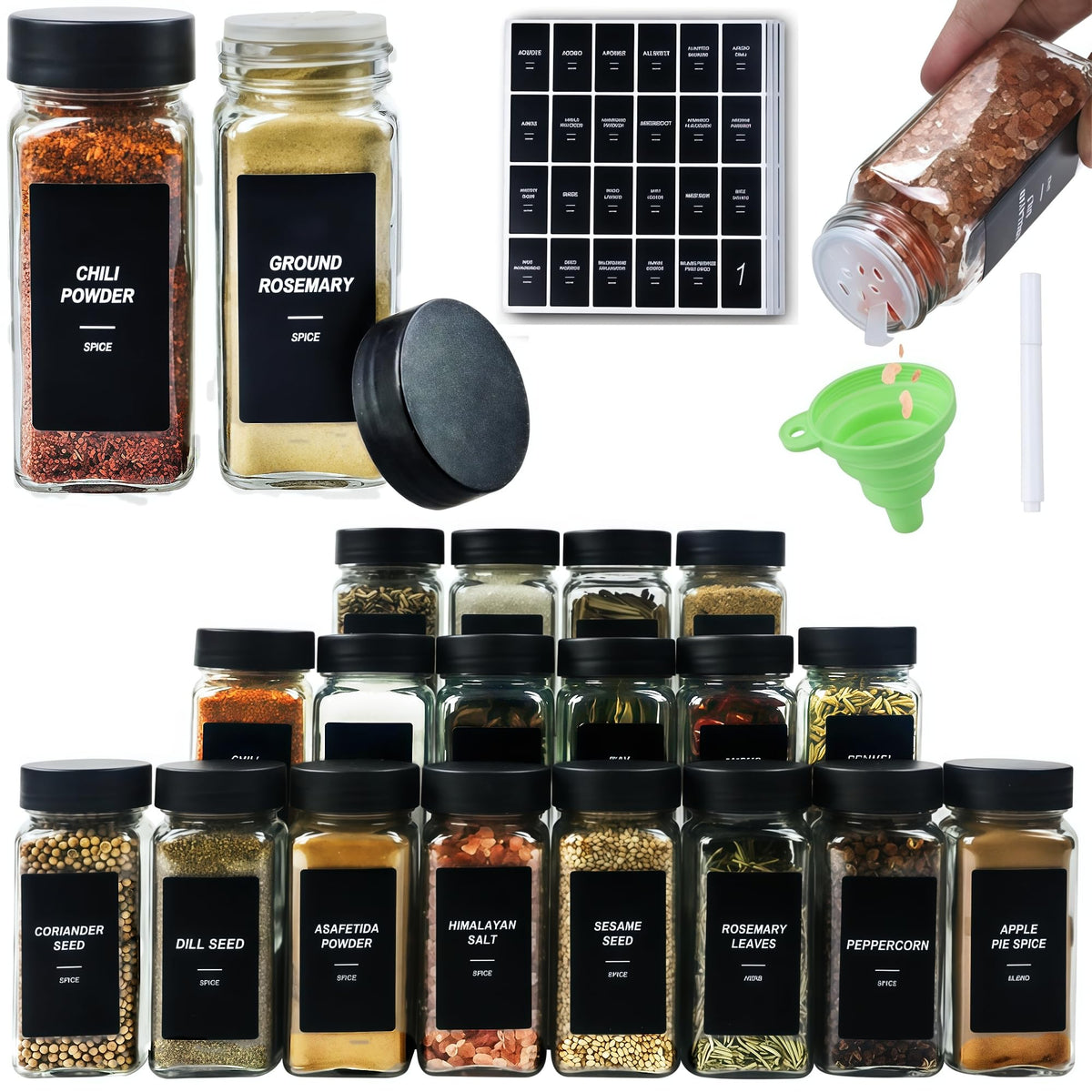 24 Spice Jars with Labels, 4oz Seasoning Jars for Cabinets, Drawers, Racks