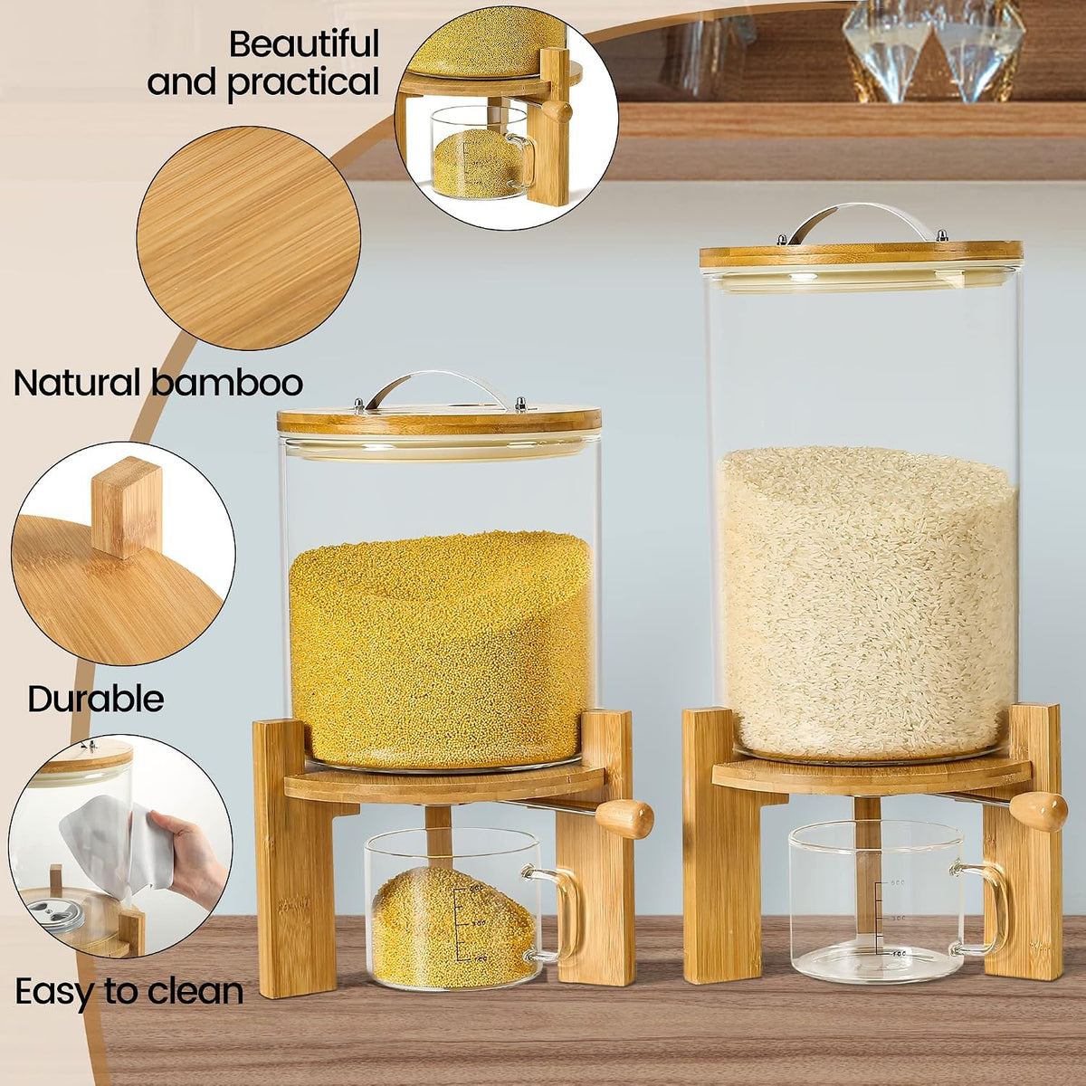 Glass Rice Dispenser, Airtight Rice Storage Container with Measuring Cup