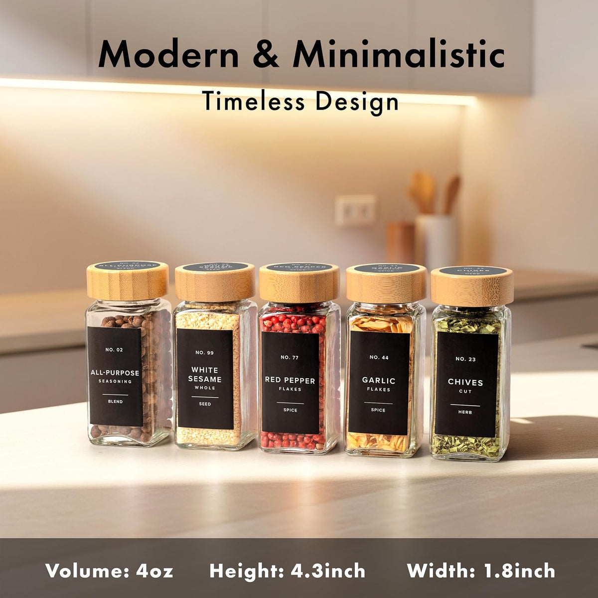 EDELHAUS Glass Spice Jars with Label, 24x Bamboo Wooden Lids - Black Labels
