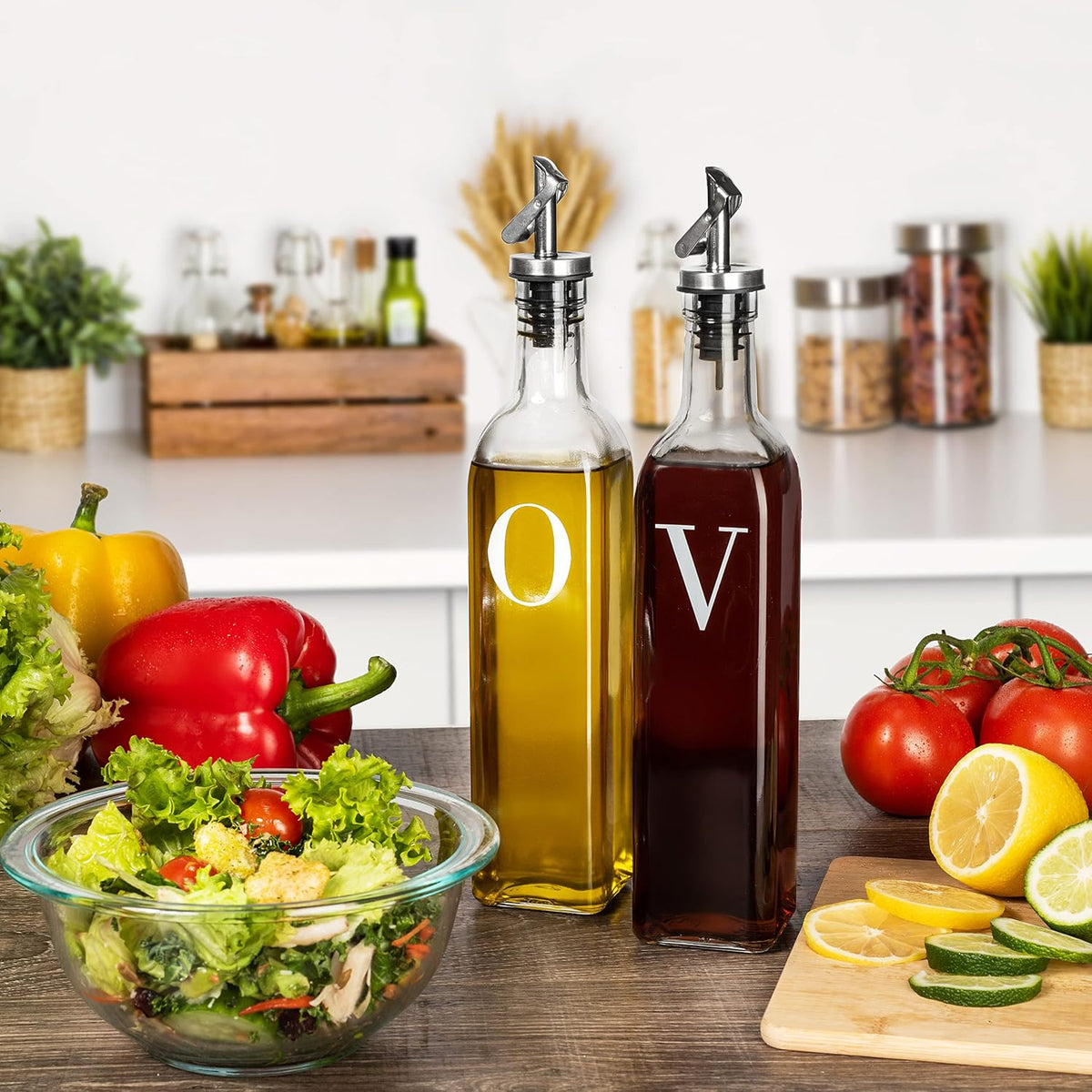 GREENOLIVE Olive Oil and Vinegar Dispenser Set - 17 oz. Glass Bottles with No-Drip BPA-Free Spouts - Stylish O and V Identifiers for Kitchen and Dining Use, Olive Oil Dispenser Bottle - Set of 2