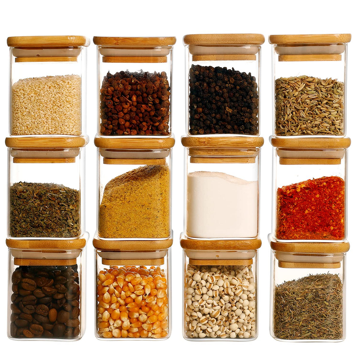 Glass Spice Jars with Bamboo Lids - 20 Pcs Thicken(2.4mm) 4oz Airtight Seasoning Containers with 131 Waterproof Minimalist Spice labels Preprinted - Small herb Jars for Pantry Organization and Storage