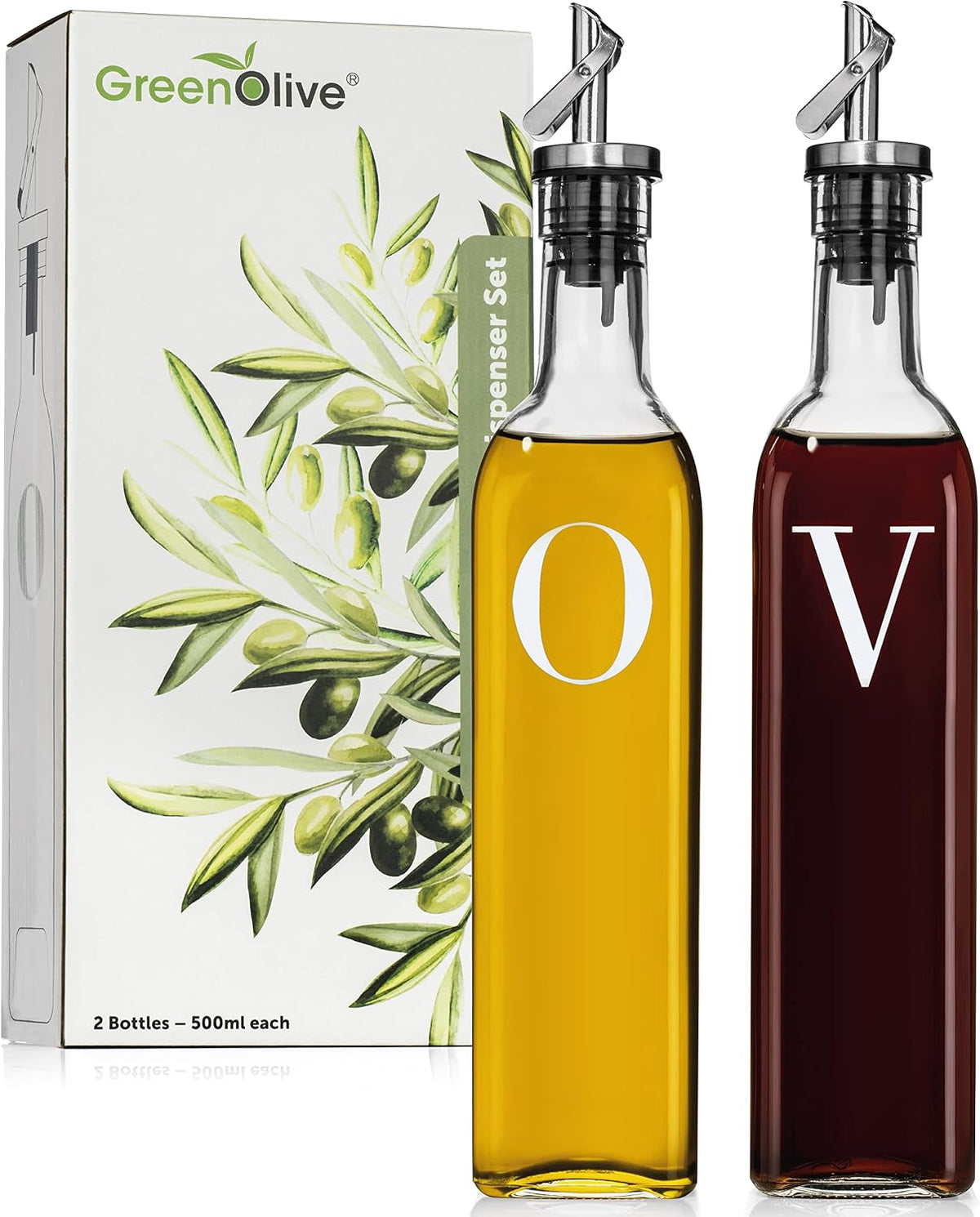 GREENOLIVE Olive Oil and Vinegar Dispenser Set - 17 oz. Glass Bottles with No-Drip BPA-Free Spouts - Stylish O and V Identifiers for Kitchen and Dining Use, Olive Oil Dispenser Bottle - Set of 2