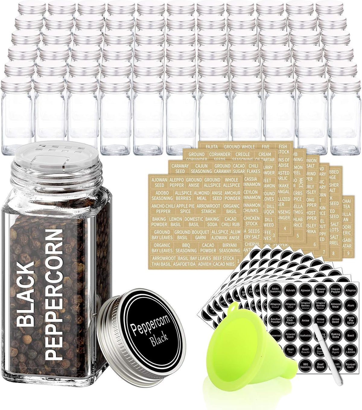 SWOMMOLY 66 Pcs 4 oz Glass Spice Jars with Shaker Lids and 703 Spice Labels