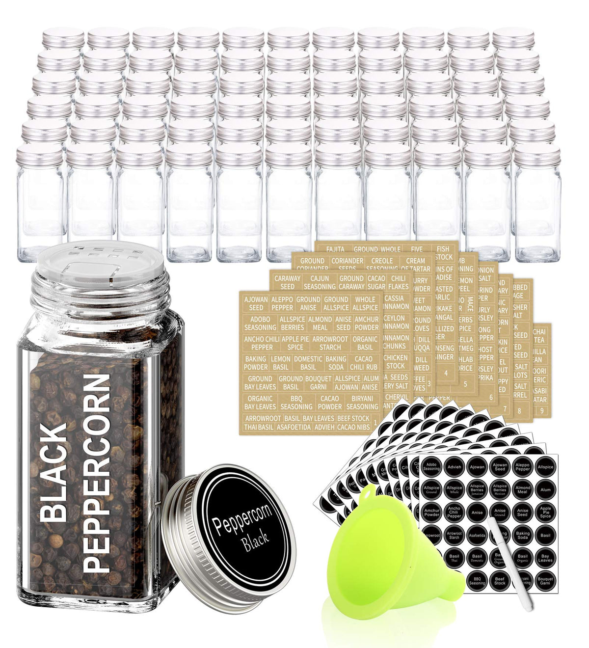 SWOMMOLY 66 Pcs 4 oz Glass Spice Jars with Shaker Lids and 703 Spice Labels