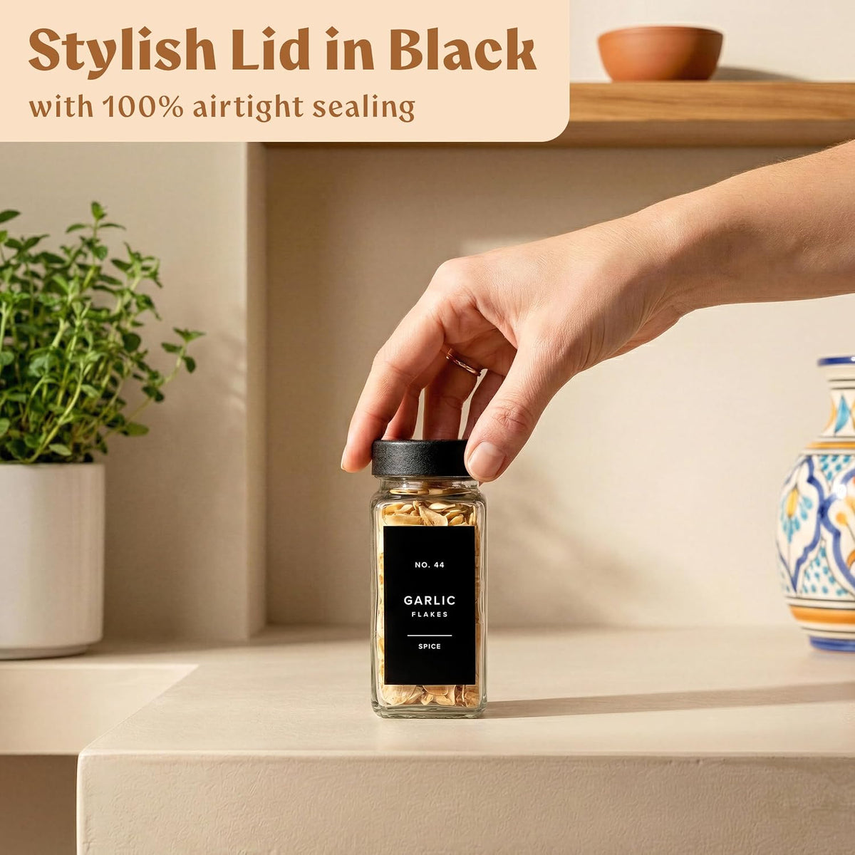 EDELHAUS Glass Spice Jars with Labels, 24x Matte Black Lids - 4oz Set