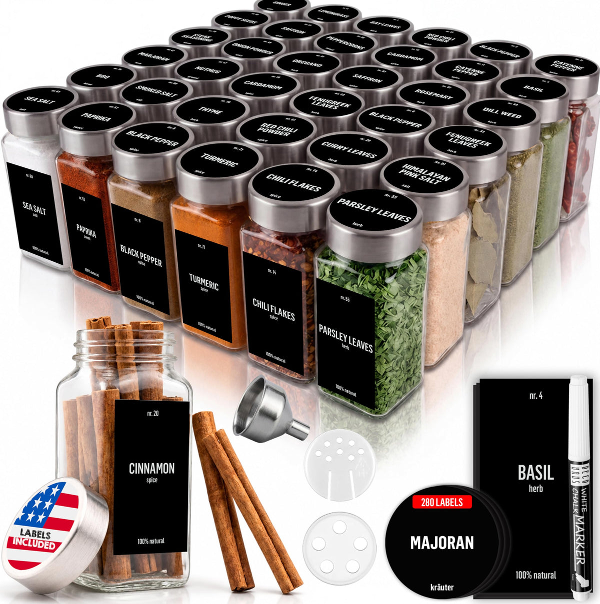 Deco haus Glass Spice Jars with Label 24x4oz - Spice Containers +280 Labels