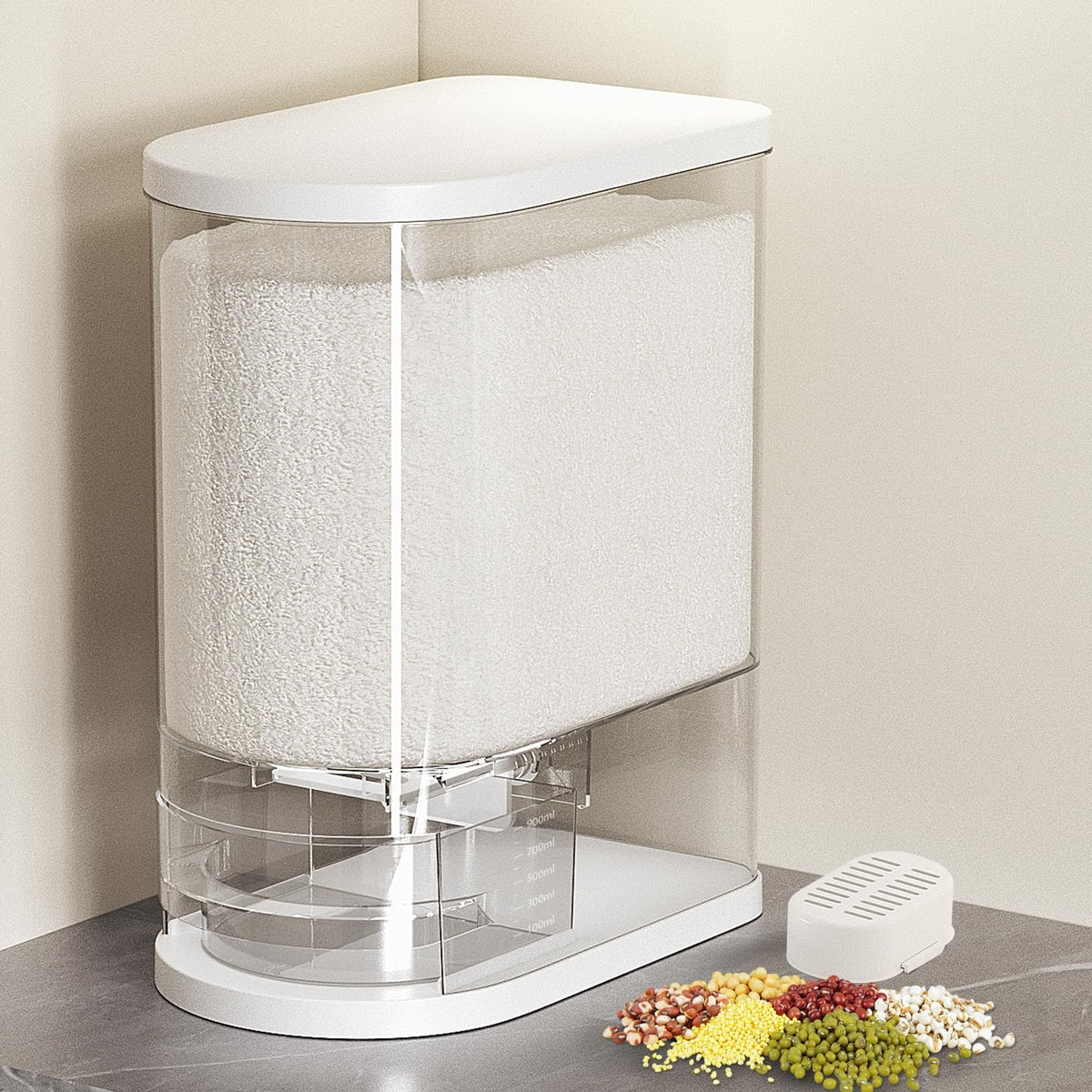 SYNCVIBE Large Rice Dispenser, 22-25 Lbs, Airtight, Measuring Cup, Black