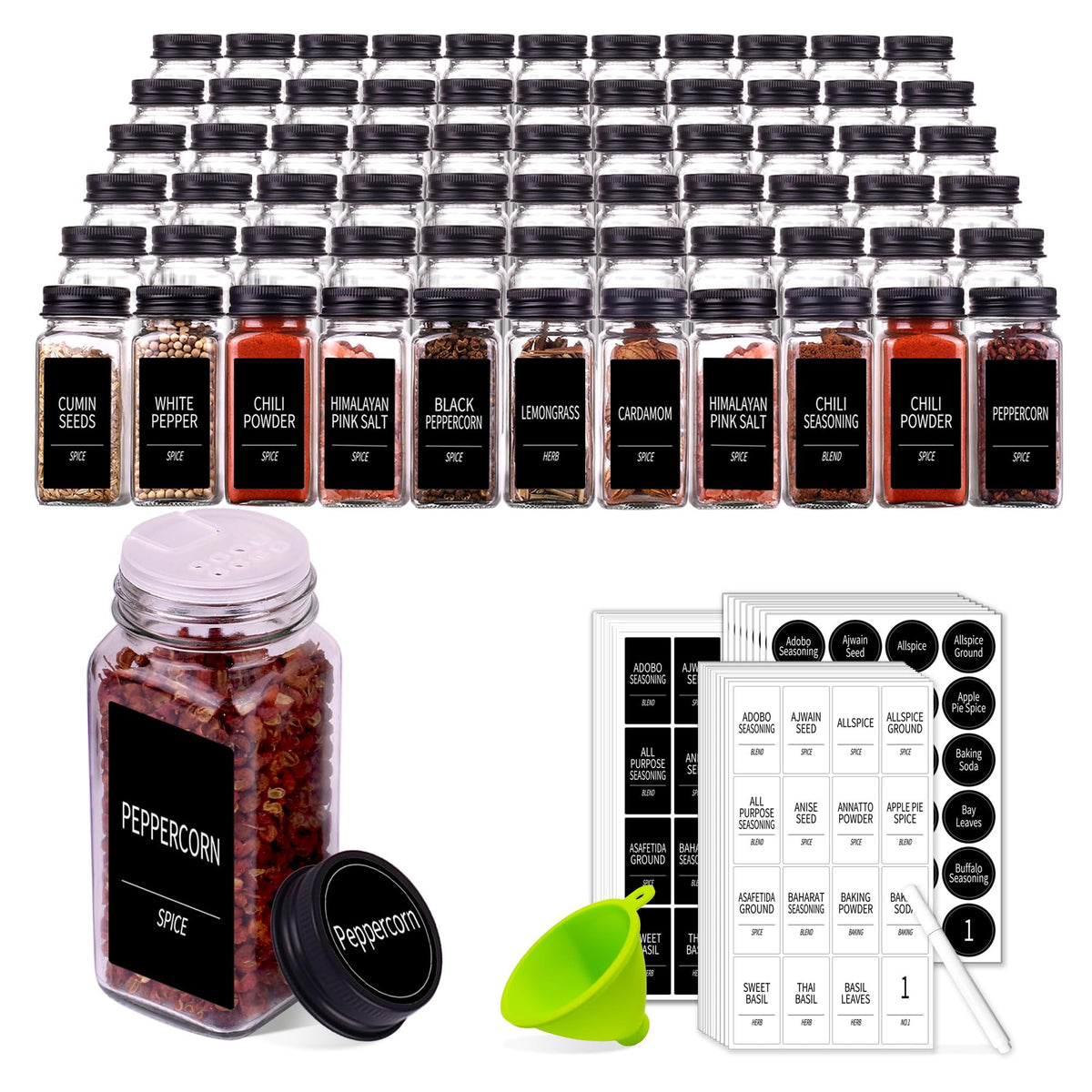 Churboro 66 Pack Glass Spice Jars with Labels, 4oz Spice Containers