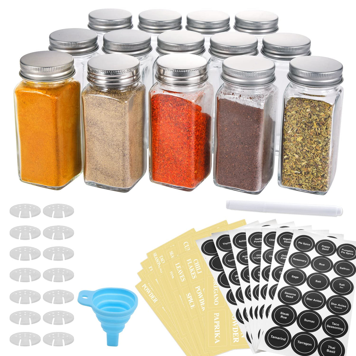AOZITA 14 Pcs Glass Spice Jars with Spice Labels - 8oz Empty Square Spice Bottles - Shaker Lids and Airtight Metal Caps - Chalk Marker and Silicone Collapsible Funnel Included