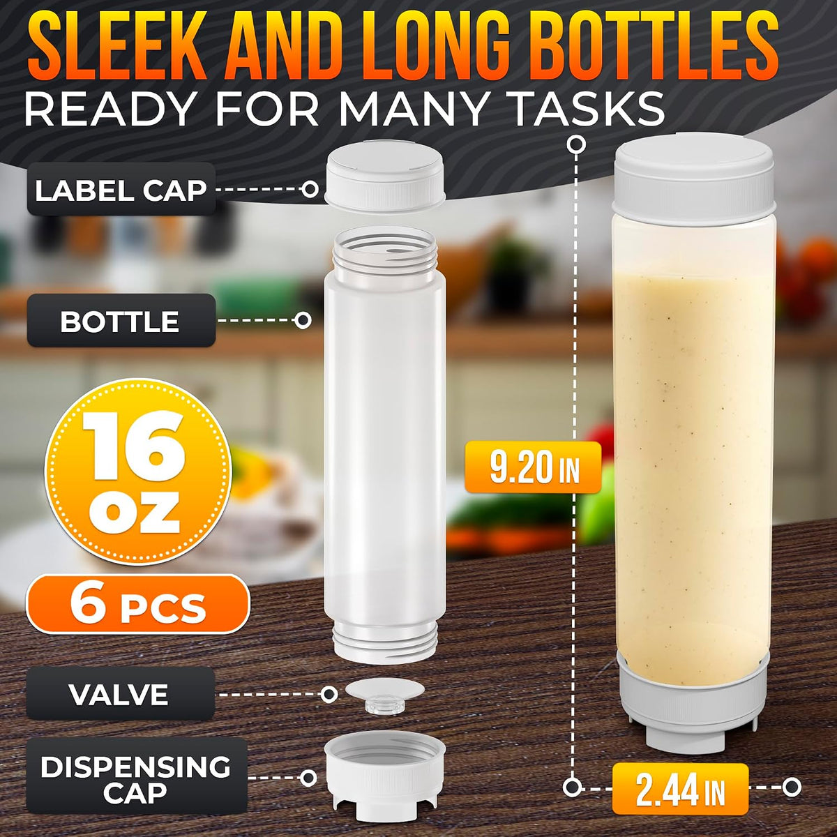 6-Pack Inverted Condiment Squeeze Bottles for Sauces 16 oz, Squirt Bottles