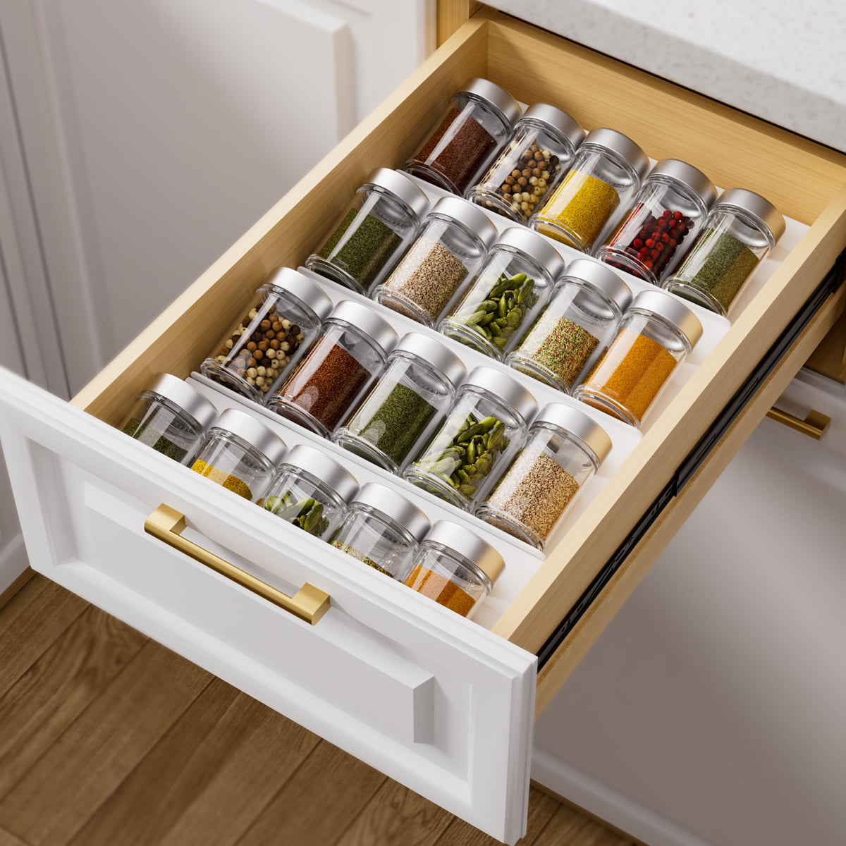 MIUKAA Clear Acrylic Spice Drawer Organizer, 4 Tier- 2 Set Expandable From 13" to 26" Drawer Seasoning Organizer, Kitchen Spice Rack Tray for Drawer/Countertop (Jars not included)