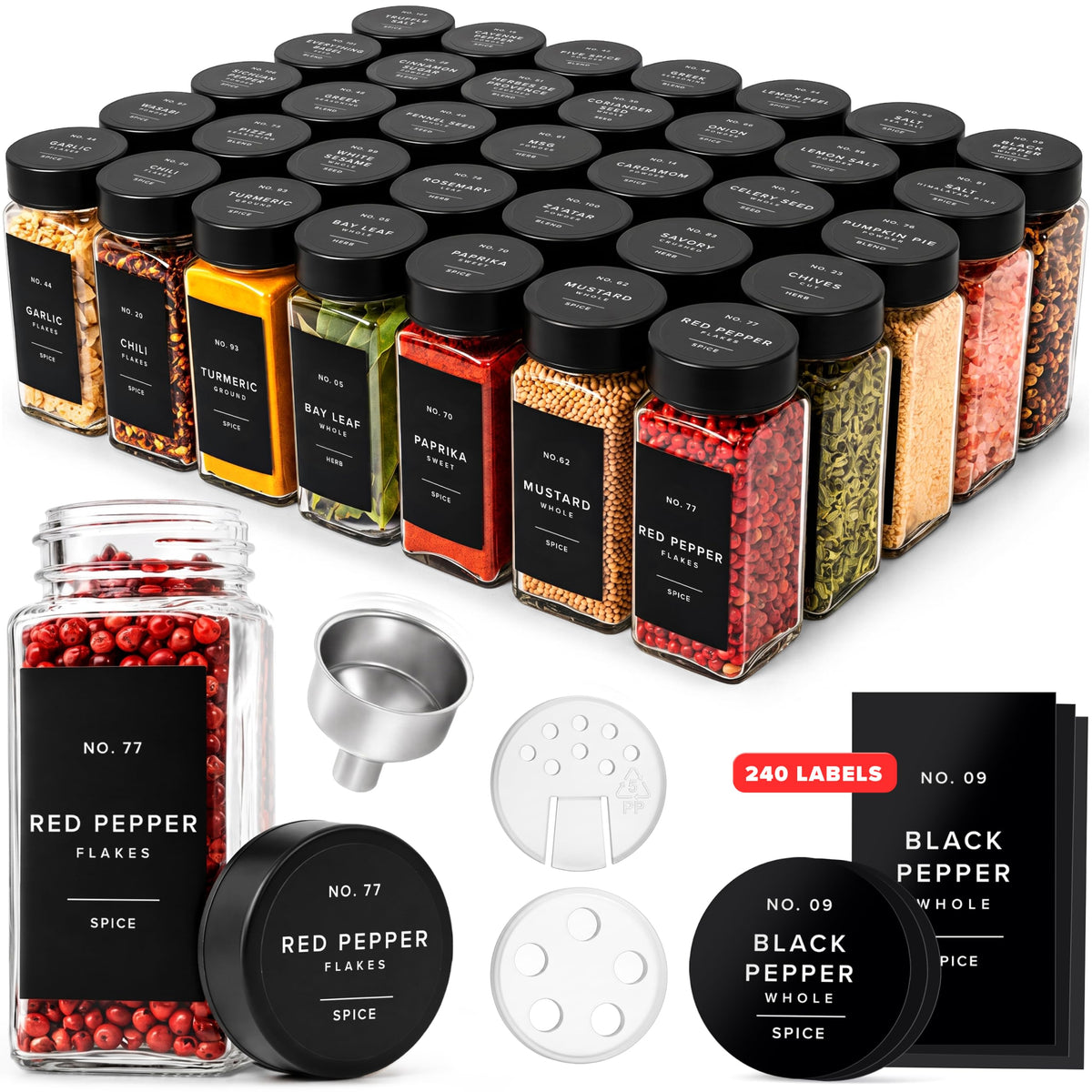 EDELHAUS Glass Spice Jars with Label, Seasoning Set, 24x Black Steel Lids
