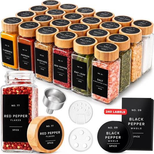 EDELHAUS Glass Spice Jars with Label, 24x Bamboo Wooden Lids - Black Labels